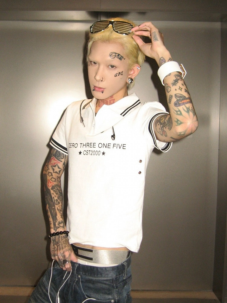 White Striped Polo Shirt with Headphone and Letter Print - DETW OnLine