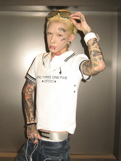 White Striped Polo Shirt with Headphone and Letter Print - DETW OnLine