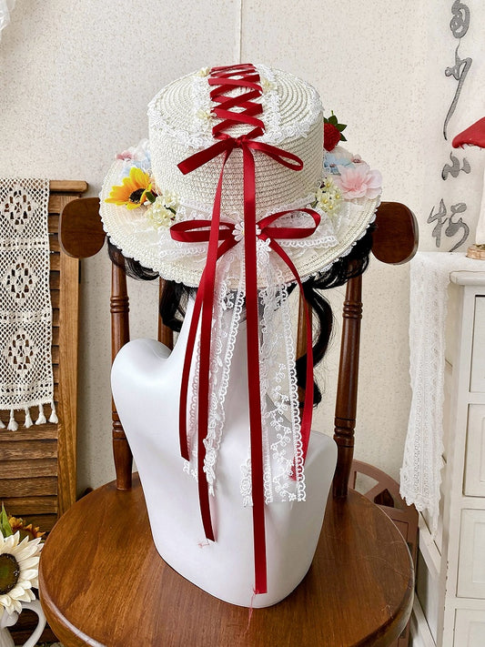 Hat Lolita Flowers Straw Strawberry and Decorated Cottagecore