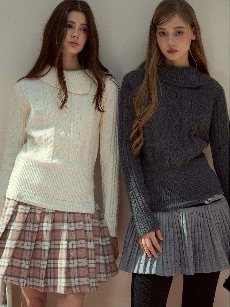 Neck Mock Knit Gray Elegant Cable Sweater Vintage