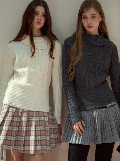 Neck Mock Knit Gray Elegant Cable Sweater Vintage