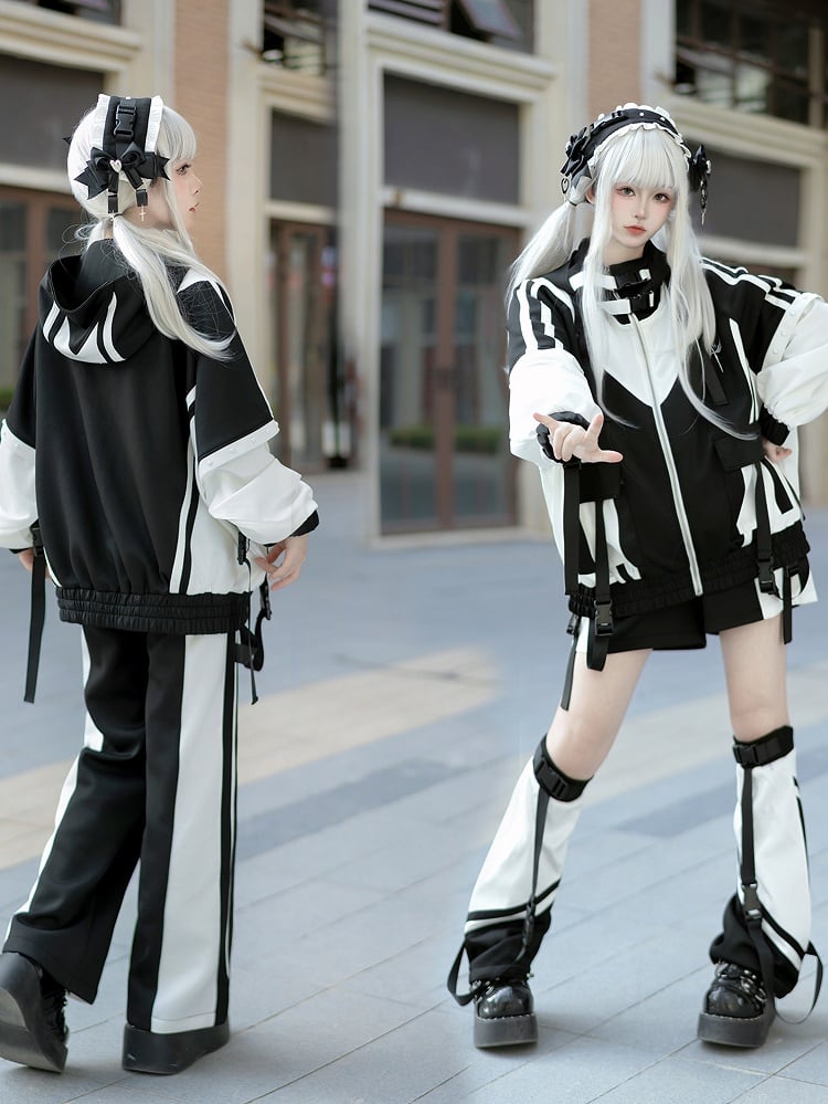 Design and Black Snap White Landmine Style Warmers Cuffs Techwear with Leg Adjustable