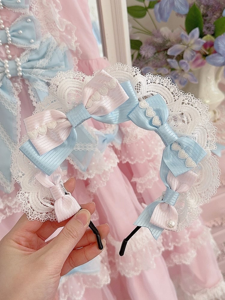 WhiteBlue Trim Details KC Lace Decorated Bowknot Heart