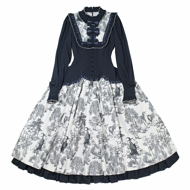 Piece Animals Lolita White Print Long-Sleeve One Dark Elegant Blue Forest