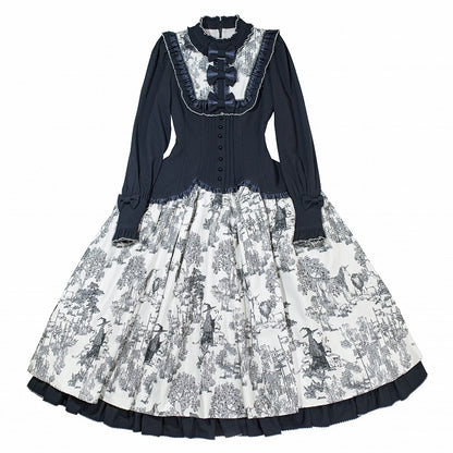 Piece Animals Lolita White Print Long-Sleeve One Dark Elegant Blue Forest