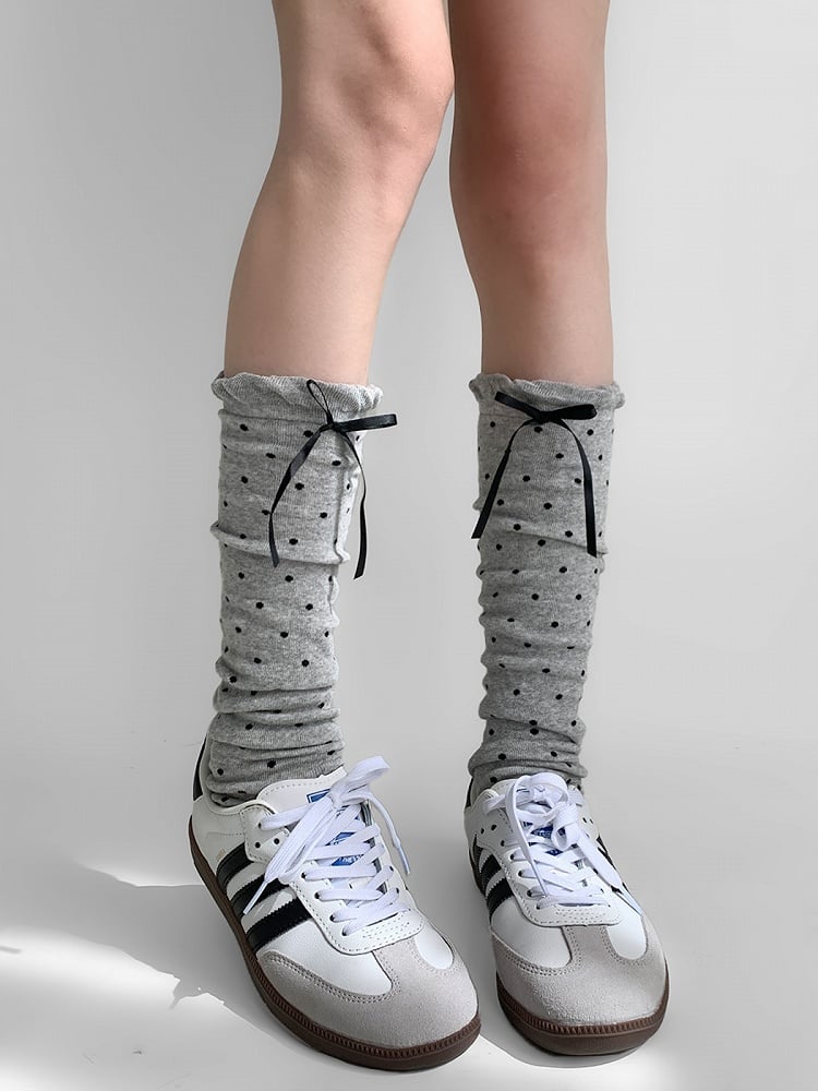 Pattern Leg with Warmers Bow Gray Polka-dot White/Light Cream Decorations
