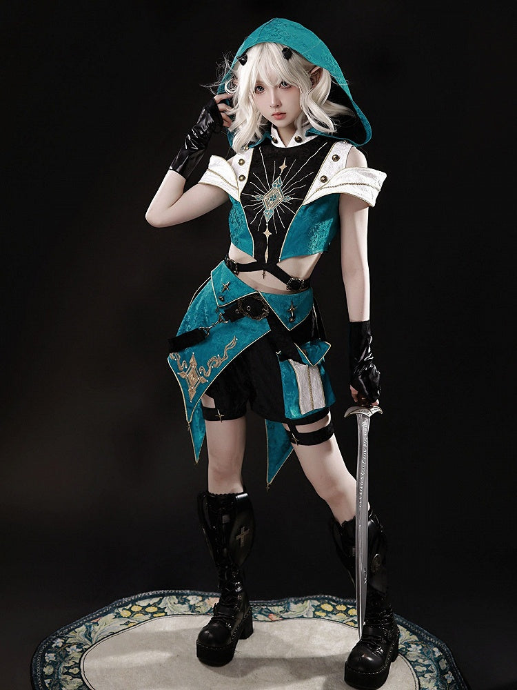 Prince Style Teal Cutout Hooded Lolita Crop Top with Metal Buttons - Xiong Dou Jiang