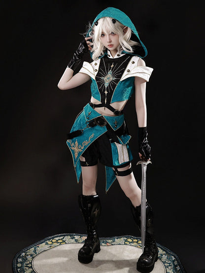 Prince Style Teal Cutout Hooded Lolita Crop Top with Metal Buttons - Xiong Dou Jiang