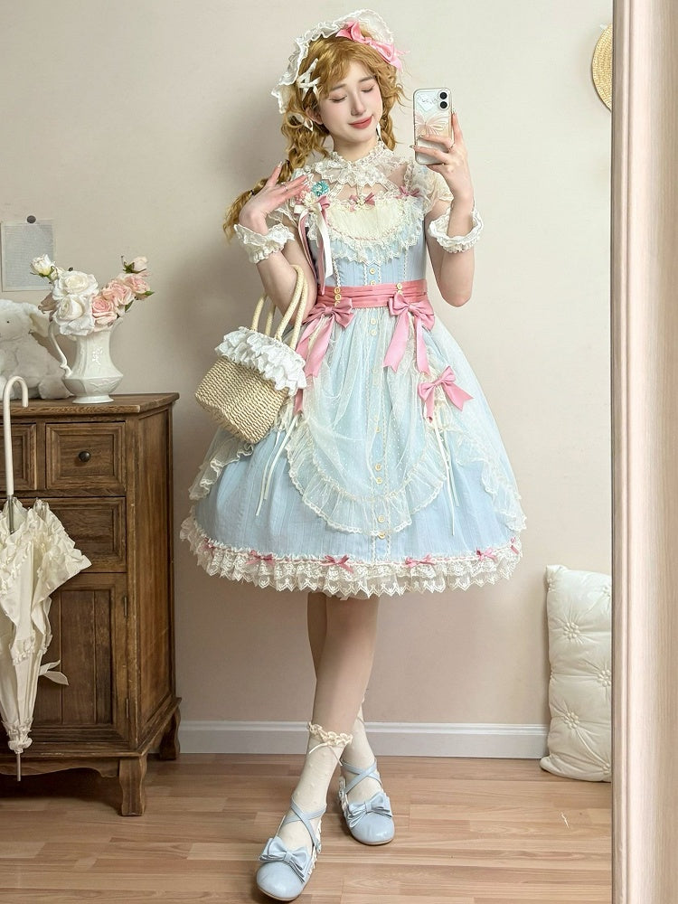 Short Elegant Lace Dress and Blue with Details Classic Lolita Version Bow