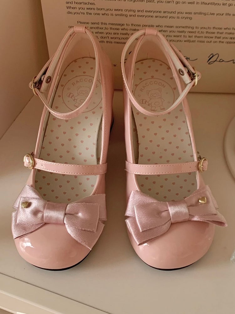 High PU Janes Mary Bow Lolita Elegant Pink Heel Block Heart-Adorned -