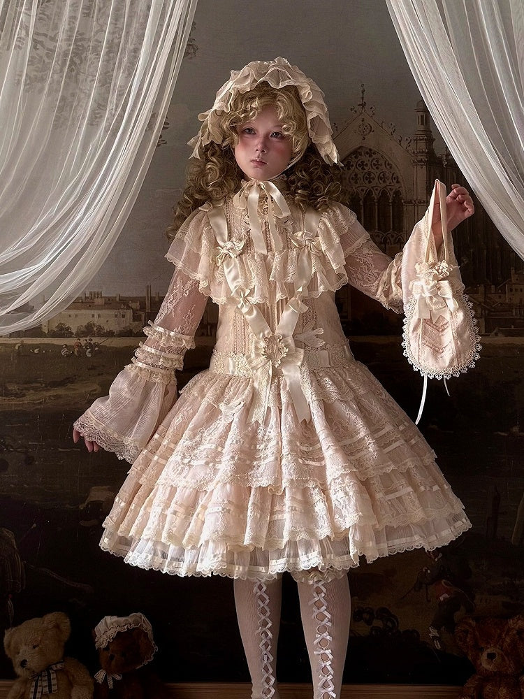 Retro Beige Lolita Lace Gown with Satin Ribbon Accents - Twin Bear Original Design