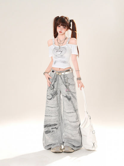 Graue Jeans mit weitem Bein und niedrigem Bund und Kettenmuster im Used-Look