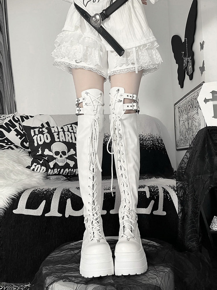 Boots Strap Matte White Y2K Thigh-high Platform Details Star Punk
