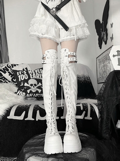 Boots Strap Matte White Y2K Thigh-high Platform Details Star Punk