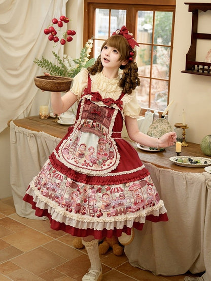 Sweet Red Lolita Jumper Dress with Fruity Print and Lace Trim - Honey Machine