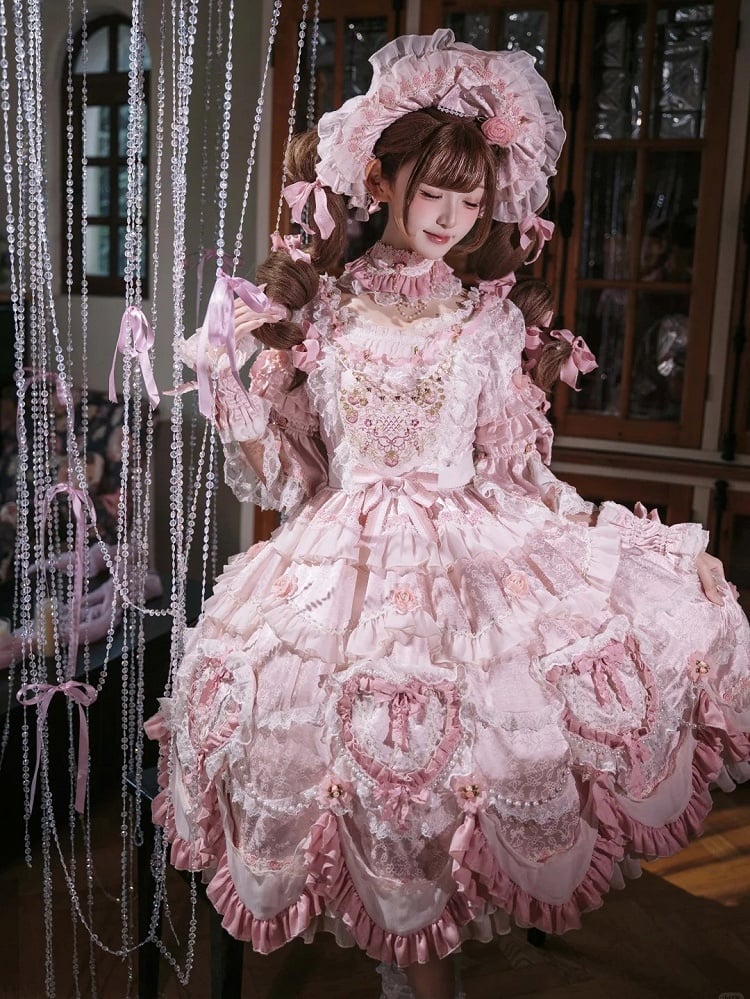 Embroidery Details Light Bead Pink Floral Hanayome Rosette Lolita and Dress Chain