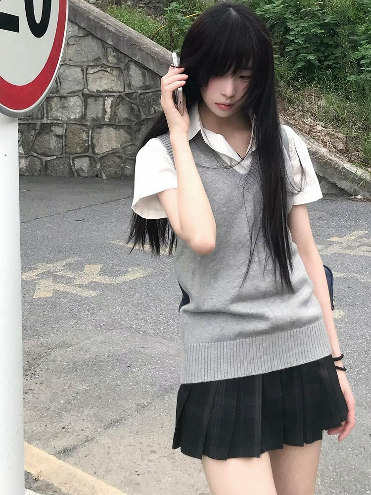 Black Pleated 42CM JK Pattern Uniform Plaid Skirt