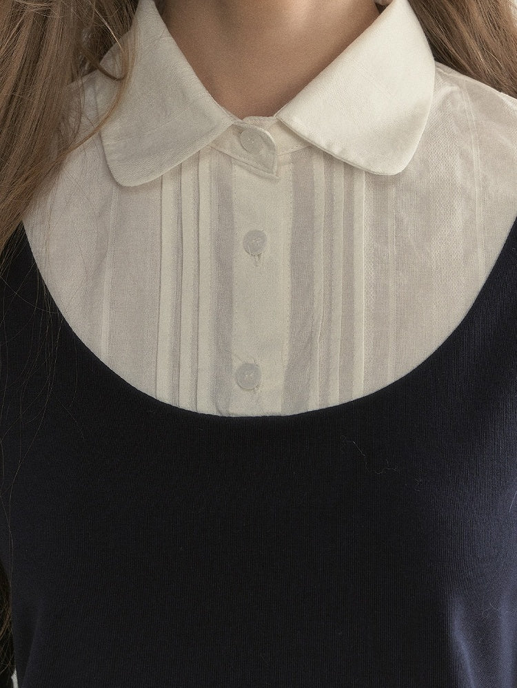 Sleeve Blue Navy Fake Blouse Two-Piece Vintage Long