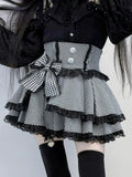 Tiered Skirt with Black Lace Trim  Bowknot Embellishment Jirai Kei Houndstooth