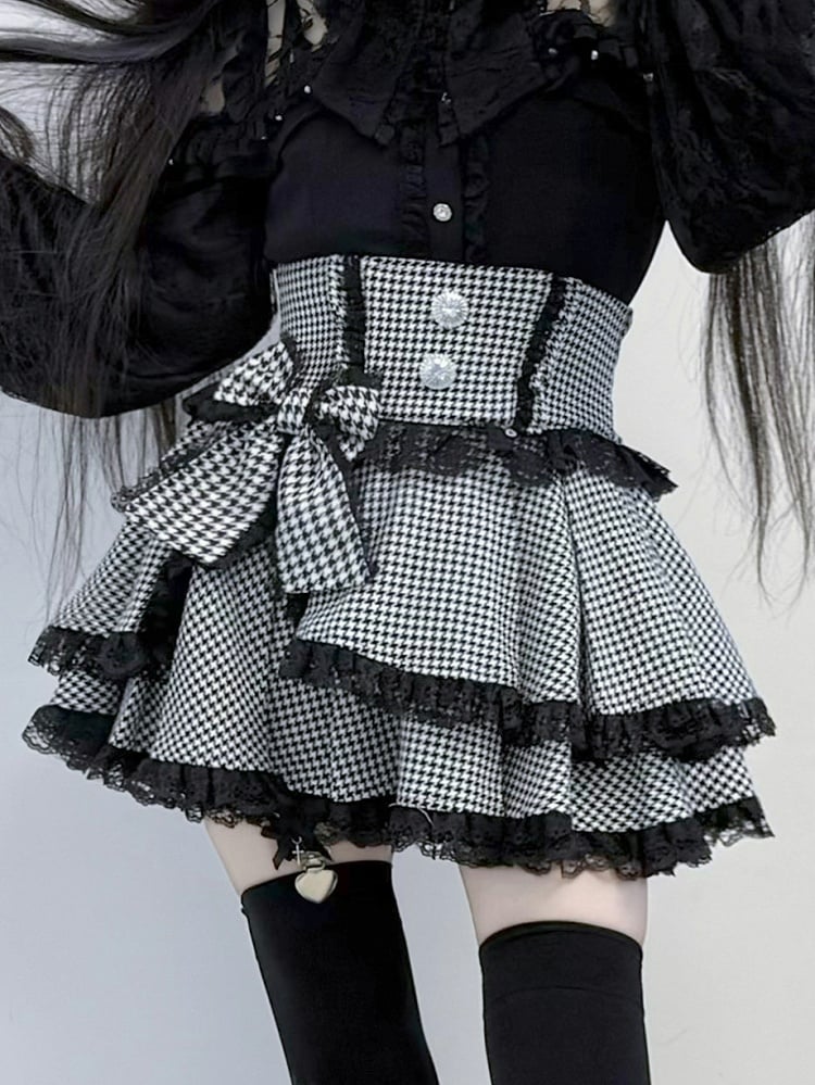 Tiered Skirt with Black Lace Trim  Bowknot Embellishment Jirai Kei Houndstooth