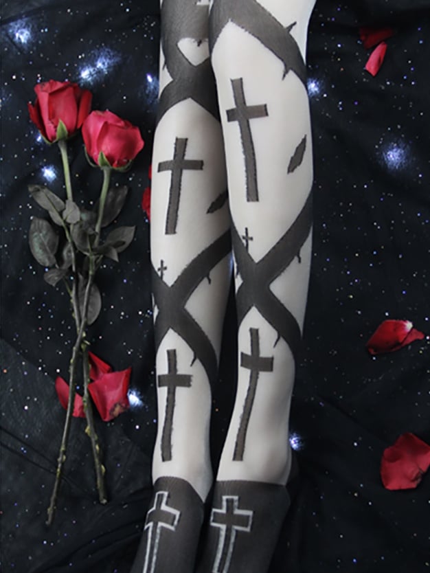 Cross Overknee Strümpfe Schwarz/Weiß Print Gothic