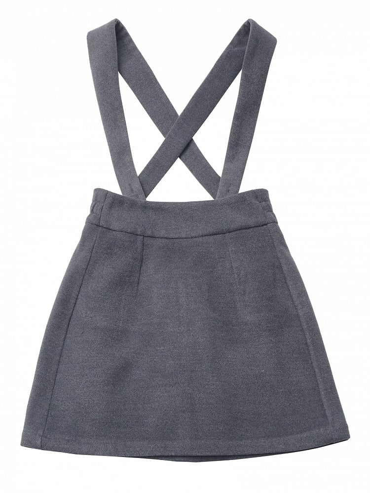 Dark Grey Detachable Shoulder Straps Overall Woolen Short Skirt
