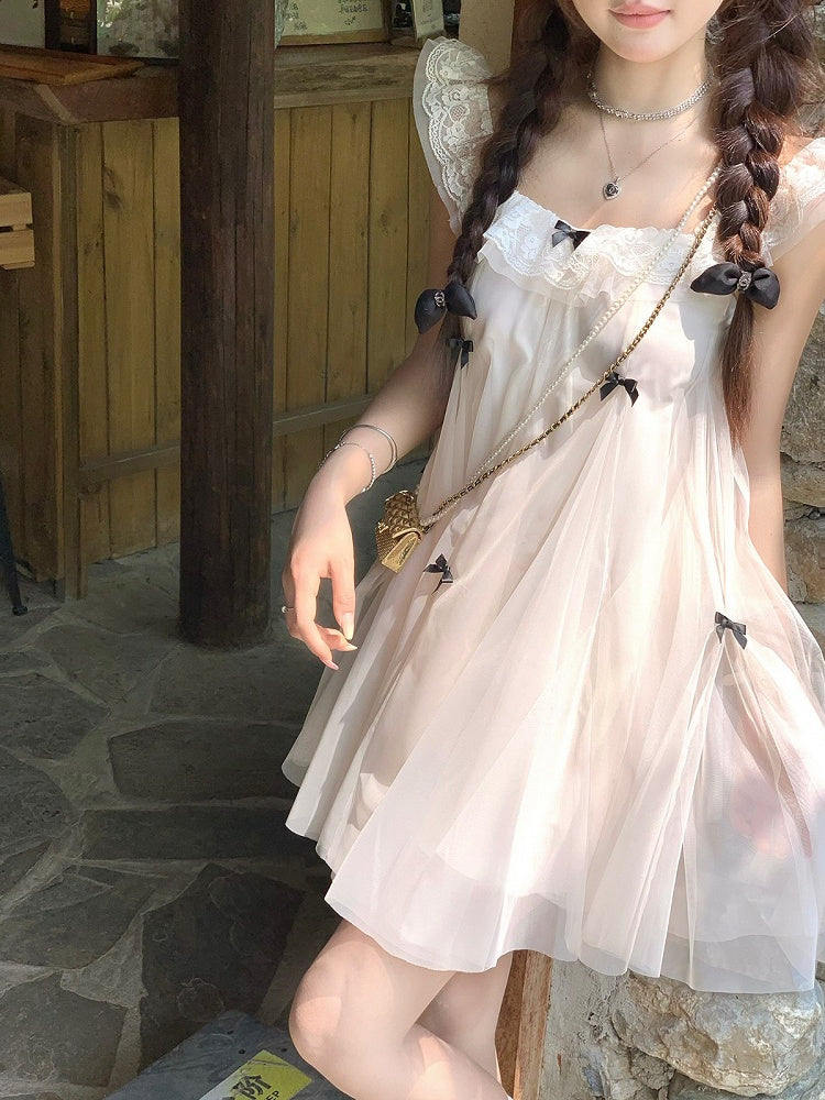 Sweet Apricot Dress with Bow and Lace Trim - Qchiwawameme