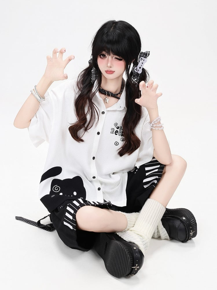Piano Key Print White Wide-Leg Pants with Belt - CRAZY GIRL
