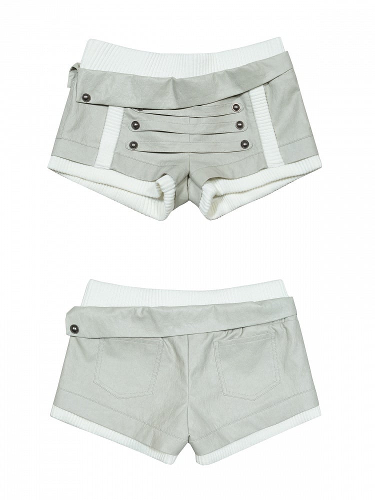 with White Textured Punk Studs Waist Metal PU Shorts Vinatge Gray Low-Rise Elastic