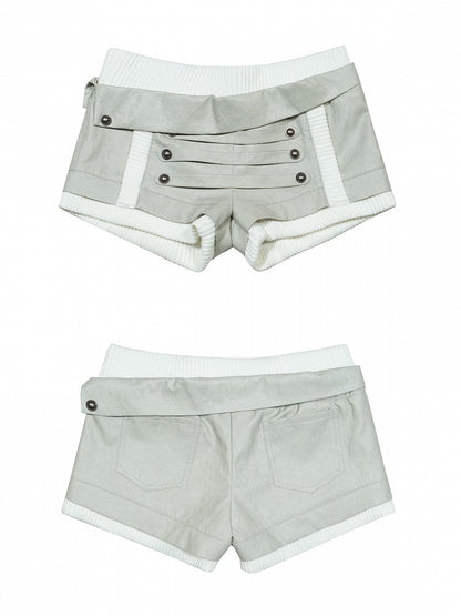 with White Textured Punk Studs Waist Metal PU Shorts Vinatge Gray Low-Rise Elastic