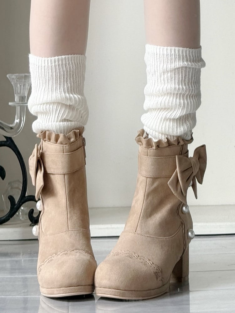 Beads Sophisticated Boots Lolita Mid-heel Khaki Details with