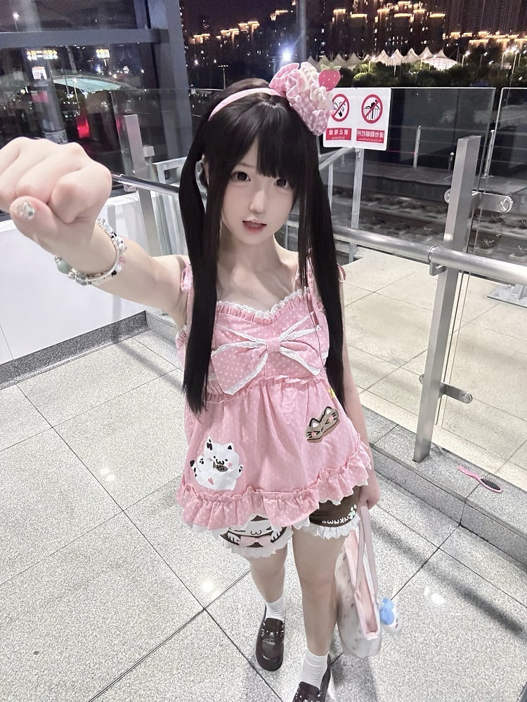 Paw Kitten Brown Cat Shorts Prints Trim with Lace and