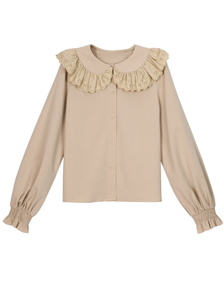 Light Coffee Peter Pan Collar Balloon Sleeves Blouse Lace Trim