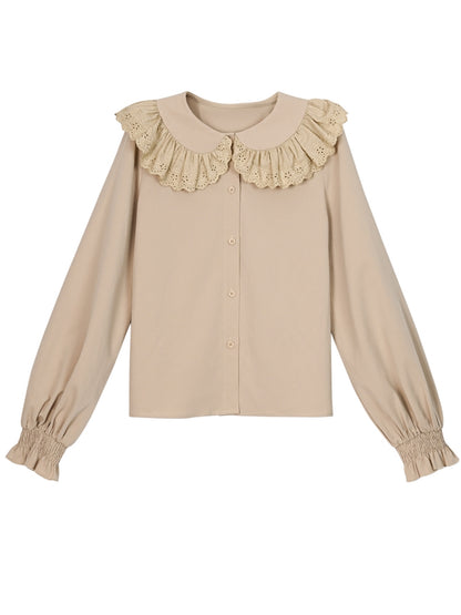 Light Coffee Peter Pan Collar Balloon Sleeves Blouse Lace Trim