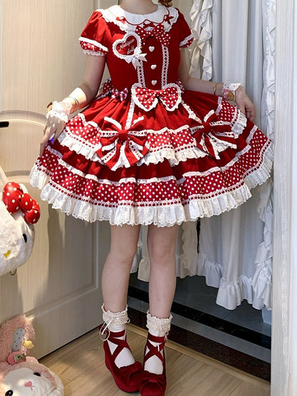 赤い耳の襟、甘いロリータドレス、ドット柄のバニー、水玉模様のアクセント、リボンバック