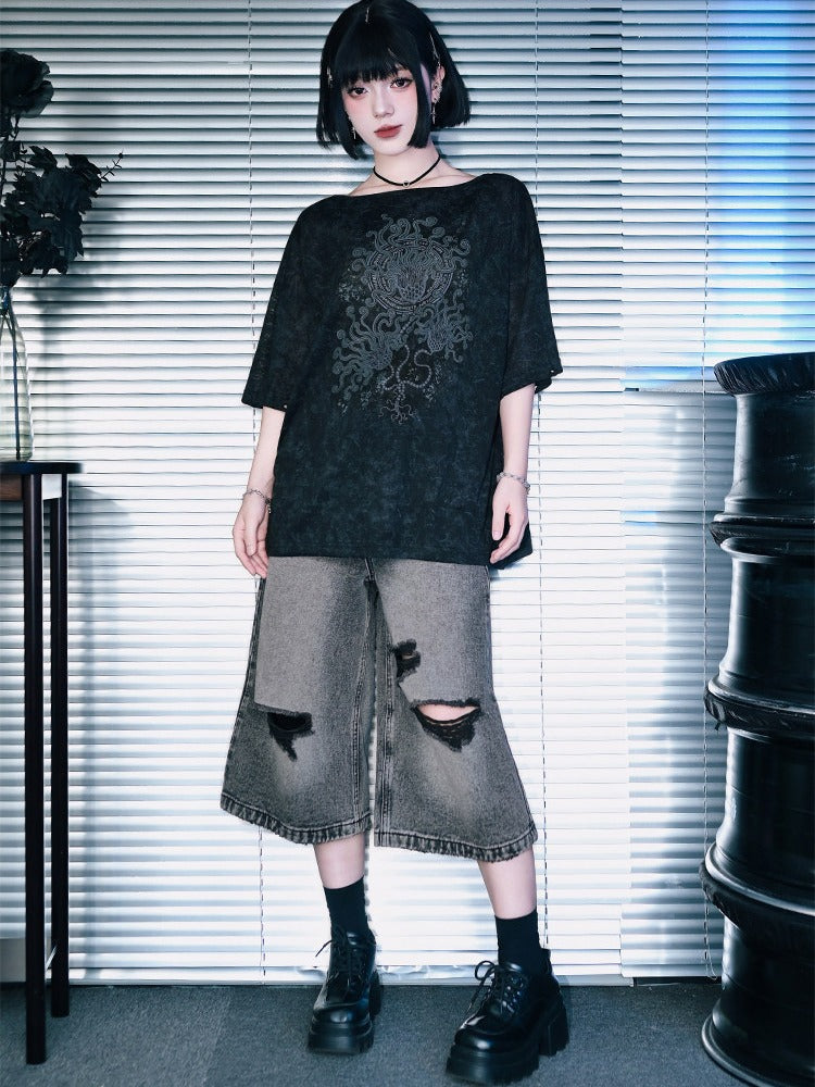 Distressed Denim Cropped Wide-Leg Pants - Quirky Hut