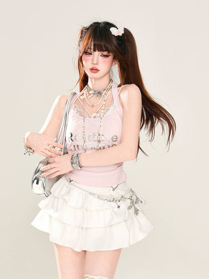 Rosa Neckholder-Top mit Buchstaben-Print und glamourösem Ärmel