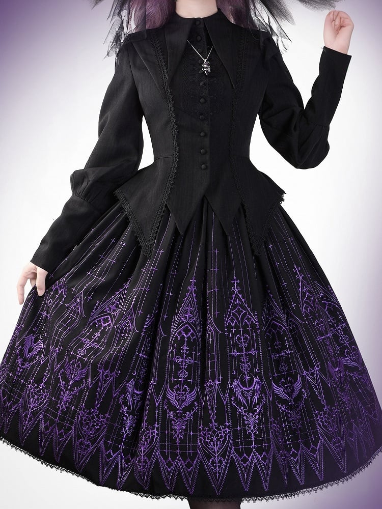 Schwarzer Gothic Lolita Cathedral Glasrock Stickerei Lila