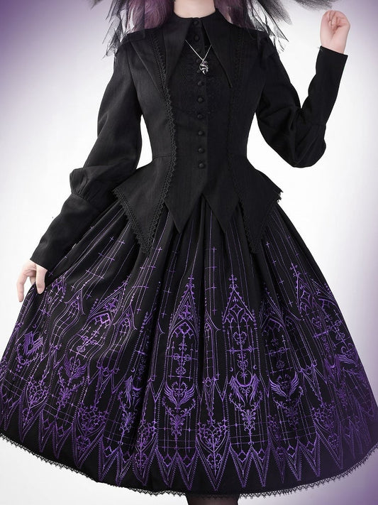 Schwarzer Gothic Lolita Cathedral Glasrock Stickerei Lila