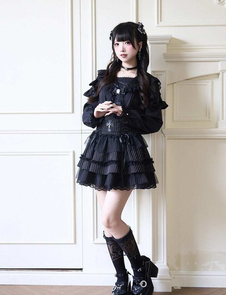 Black Rhinestones Bowknots Blouse Jirai Kei Sailor Collar Ruffled Lace Trim