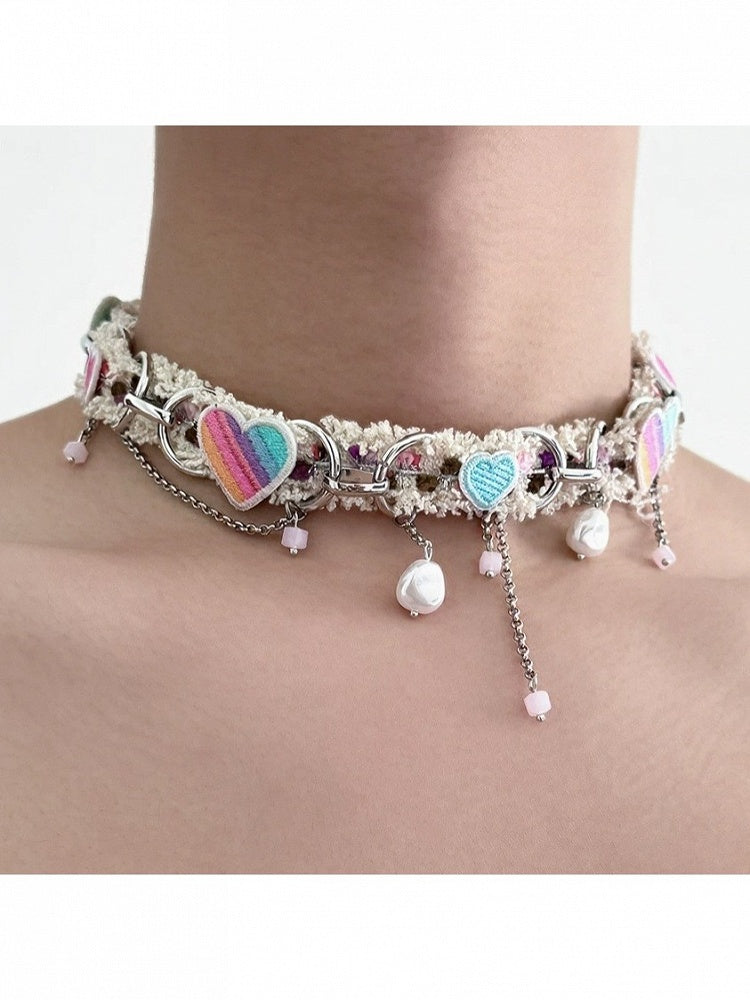 Y2K Multicolor Heart Choker with Pendant Chain - YSHXS