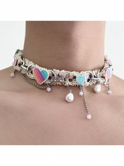 Y2K Multicolor Heart Choker with Pendant Chain - YSHXS