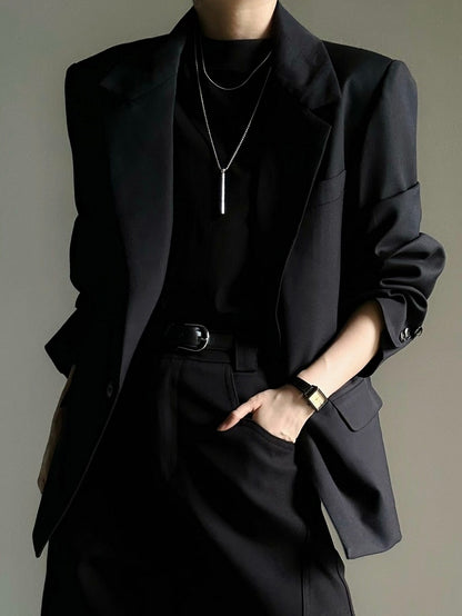 Black Collar with Notched Front Button Blazer - Ouji
