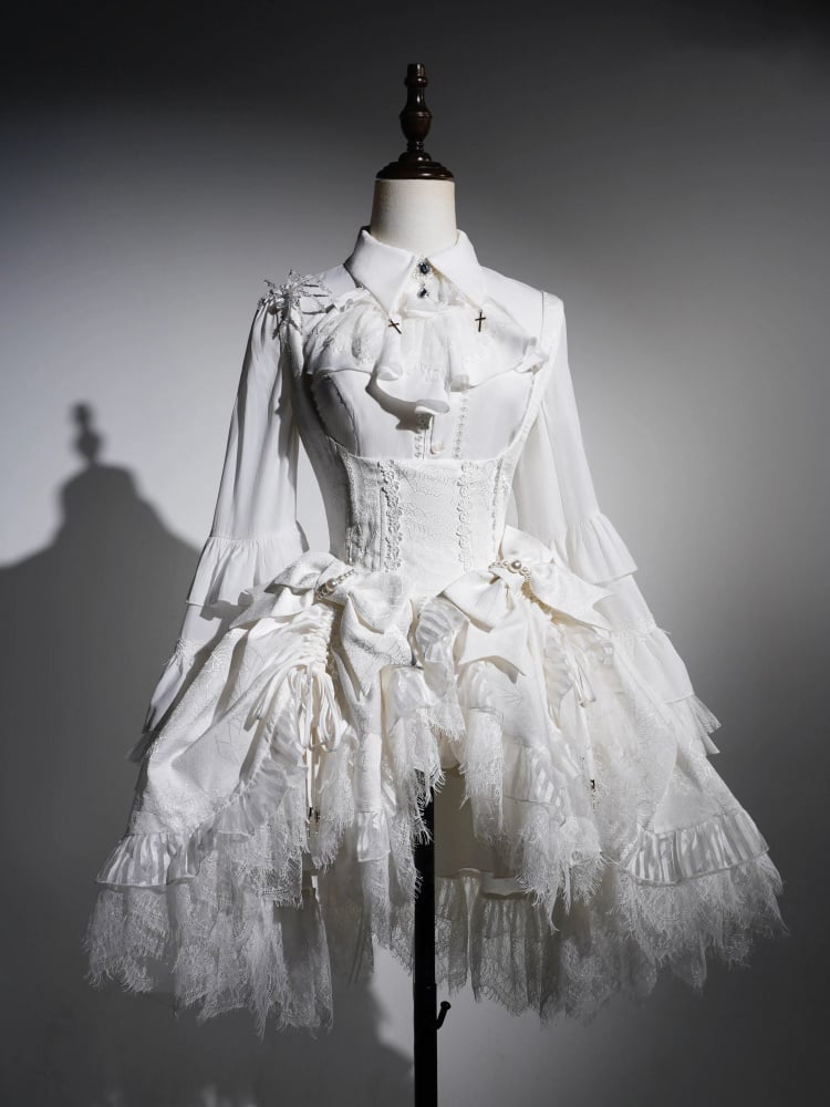 Weißes Shiro Lolita-Kleid aus Spinnennetzstoff mit Kordelzug am Saum unter der Brust