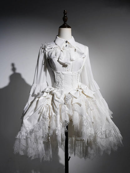 ホワイトアンダーバストドローストリングヘムシロロリータスパイダーウェブファブリックゴシックロリータドレス