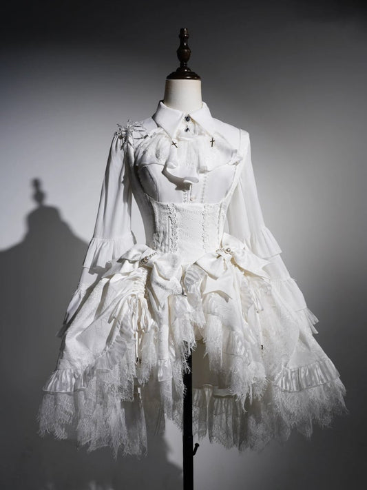 ホワイトアンダーバストドローストリングヘムシロロリータスパイダーウェブファブリックゴシックロリータドレス