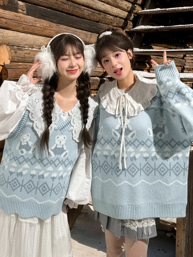 Blue Teddy Bears Pattern Scalloped Edge Trim Vest