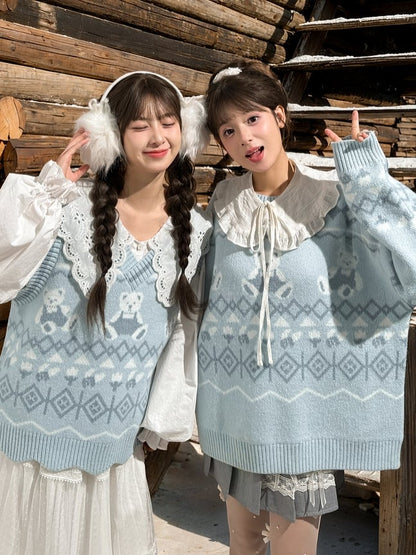 Blue Teddy Bears Pattern Scalloped Edge Trim Vest