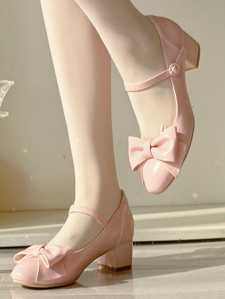 Pink Classic Lolita Shoes in PU Leather with Mid-heel Design, Bow Accents & Round Closure