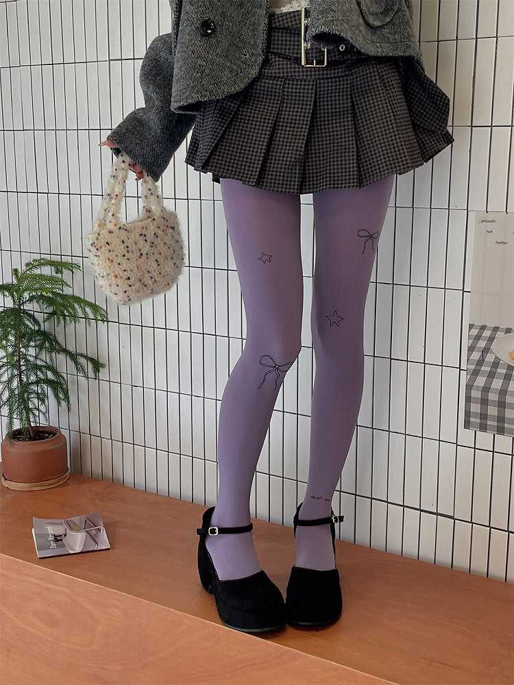 Creamy and Bowknot White/Light Star Print Gray/Purple Pantyhose